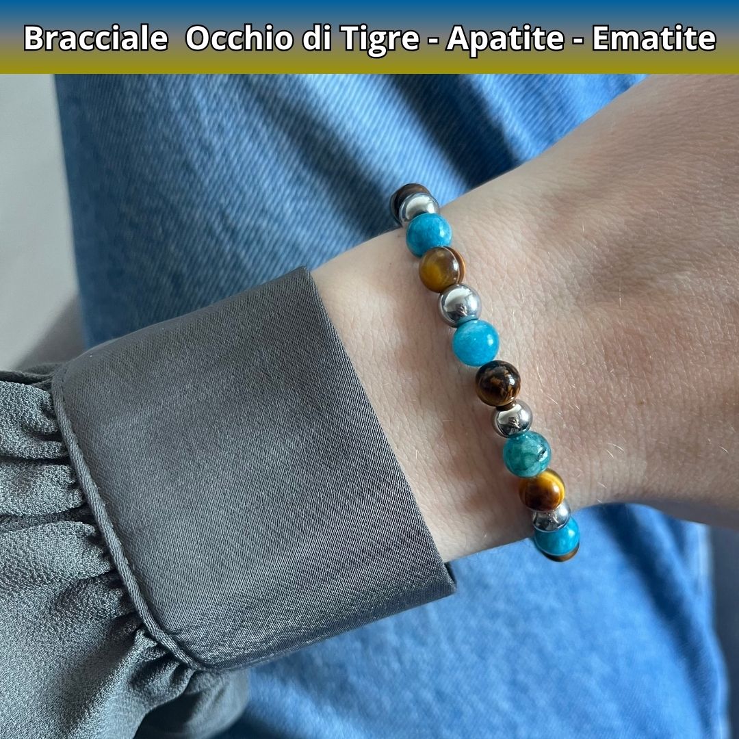 Bracciale Equilibrio Chakra Occhio di tigre Apatite Ematite 6mm