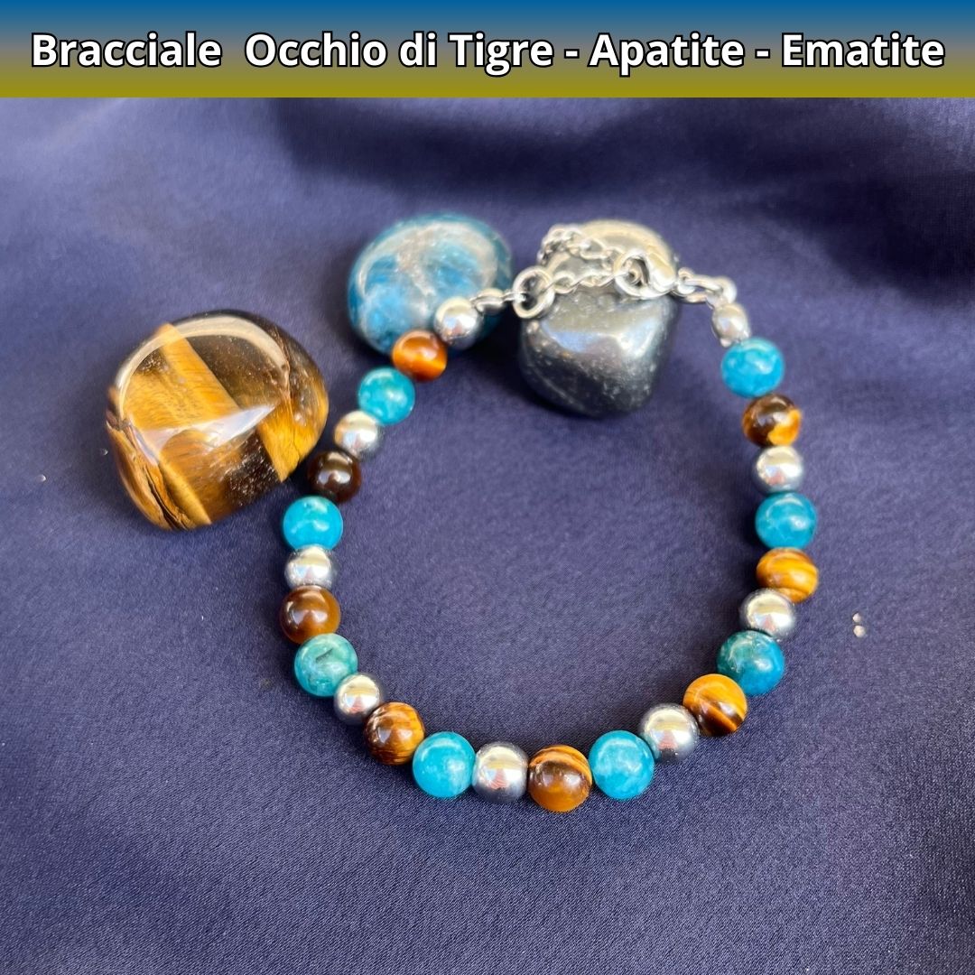 Bracciale Equilibrio Chakra Occhio di tigre Apatite Ematite 6mm