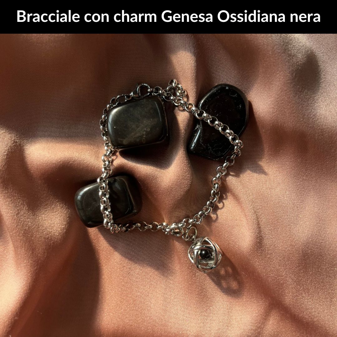 Bracciale Catenina in Acciaio & Charm Genesina Ossidiana Nera