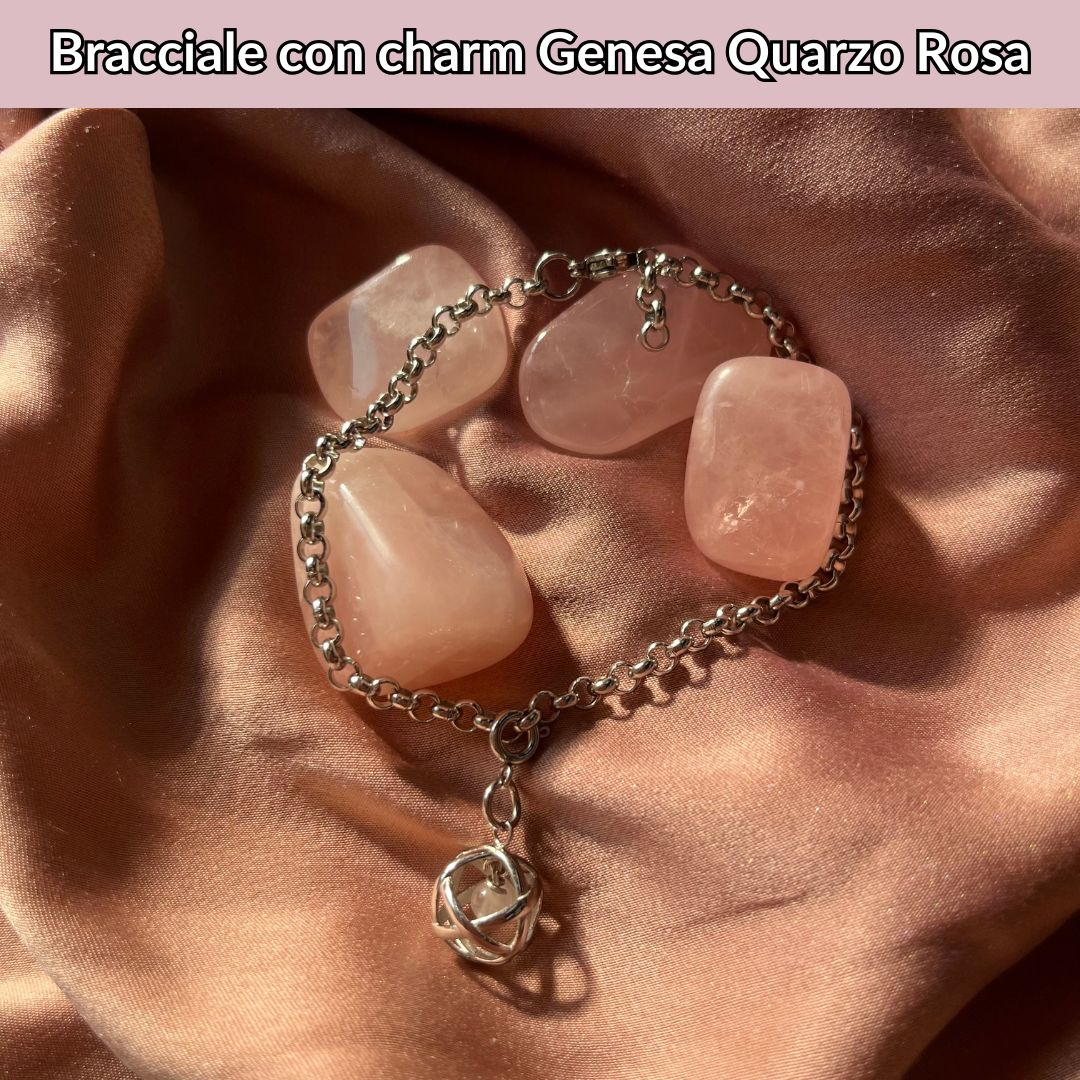 Bracciale Catenina in Acciaio & Charm Genesina Quarzo Rosa