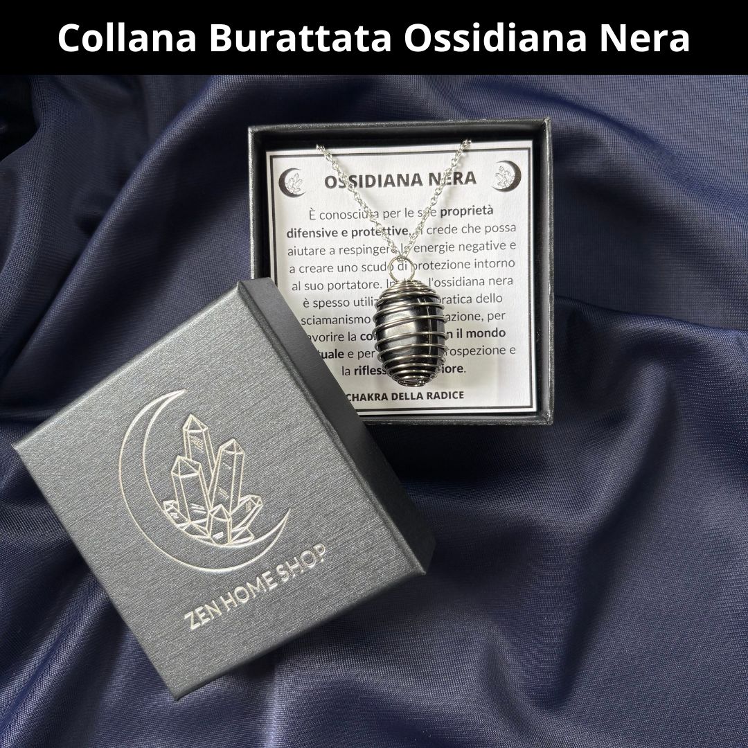 Collana Ossidiana Nera Burattata con Spirale in Acciaio Inossidabile