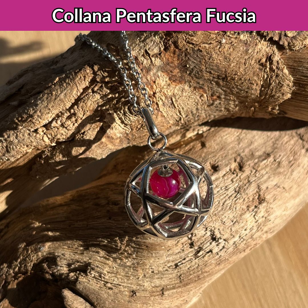 Collana Regolabile Pentasfera Agata Fucsia (Acciaio Inox)