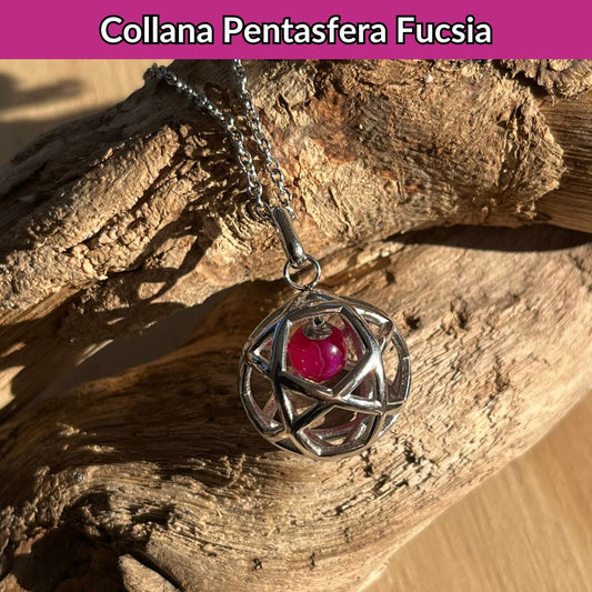 Collana Regolabile Pentasfera Agata Fucsia (Acciaio Inox)