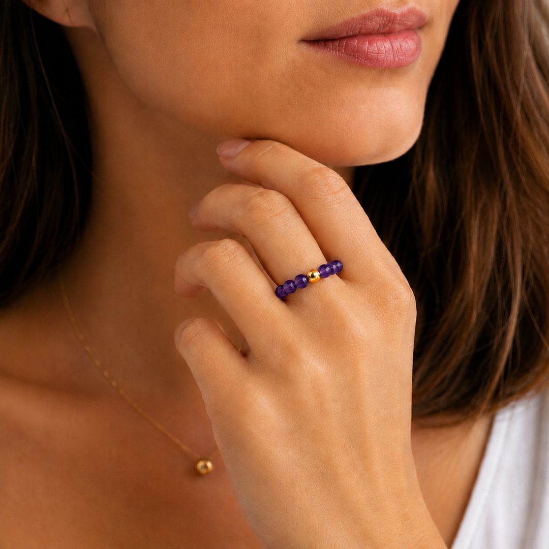 Anello Elastico con Ametista Naturale e Perla in Acciaio Inossidabile