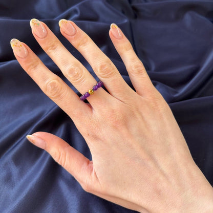 Anello Elastico con Ametista Naturale e Perla in Acciaio Inossidabile