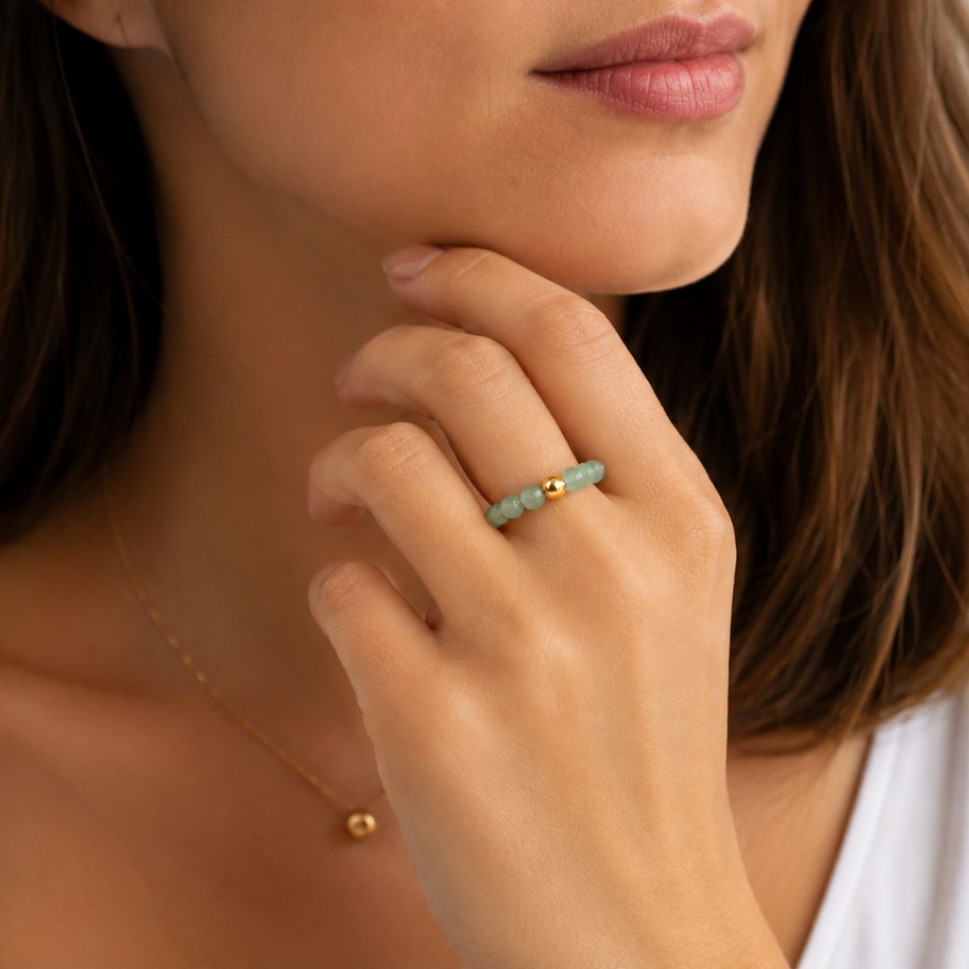 Anello Elastico con Avventurina Verde Naturale e Perla in Acciaio Inossidabile