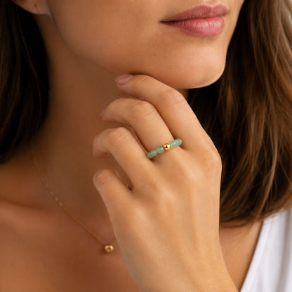 Anello Elastico con Avventurina Verde Naturale e Perla in Acciaio Inossidabile