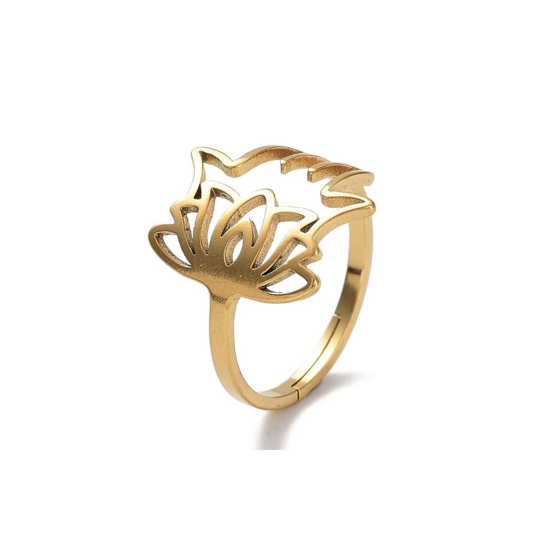 Anello Mano di Fatima Fiore di Loto Gold in Acciaio Inossidabile