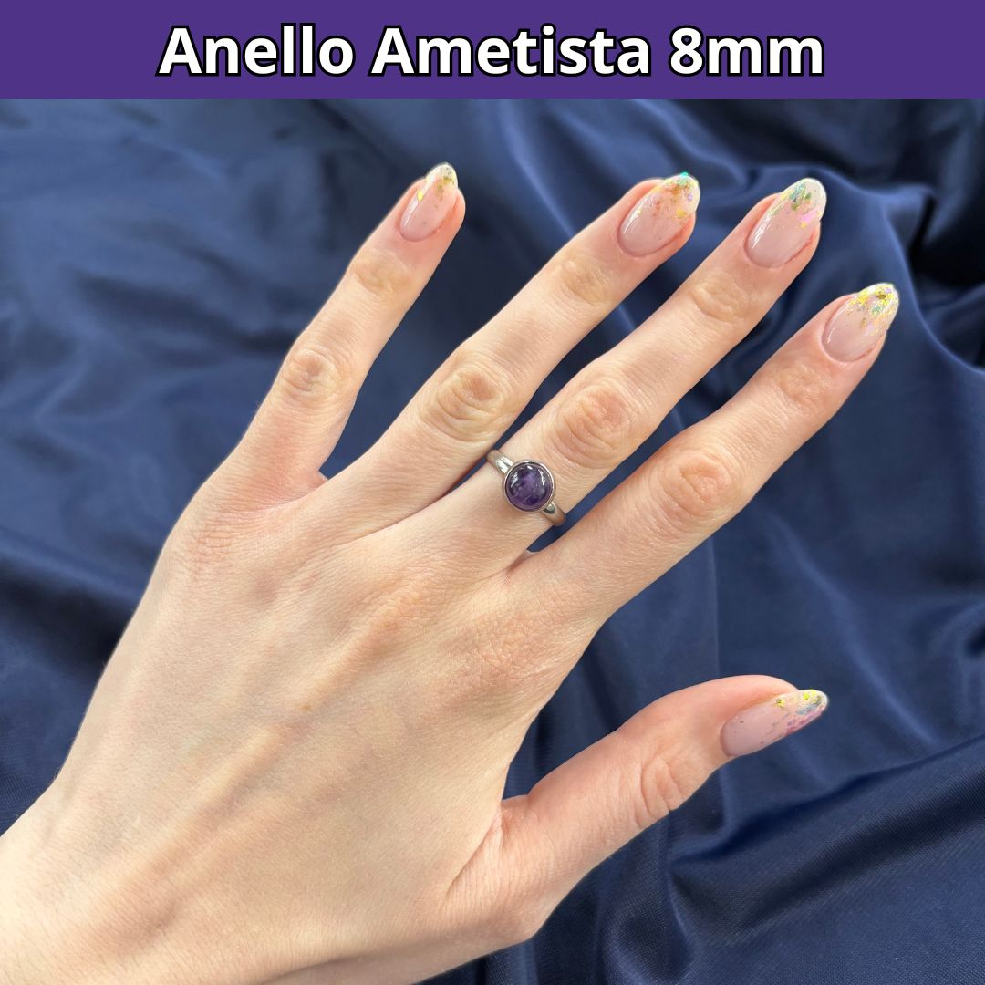 Anello con pietra naturale Ametista cabochon 8mm