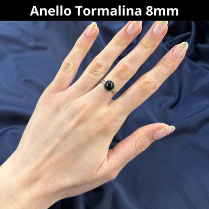 Anello con pietra naturale Tormalina Nera cabochon 8mm