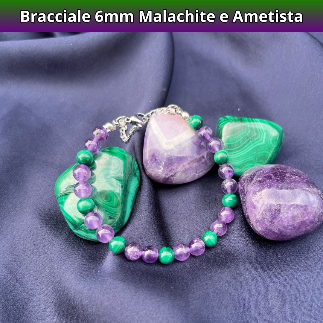 Bracciale in pietra naturale ametista e malachite da 6 mm