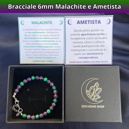 Bracciale in pietra naturale ametista e malachite da 6 mm