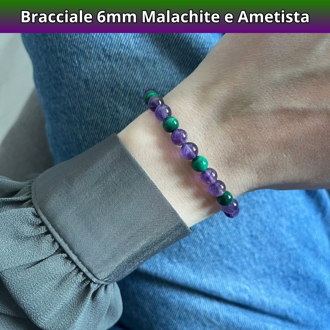 Bracciale in pietra naturale ametista e malachite da 6 mm