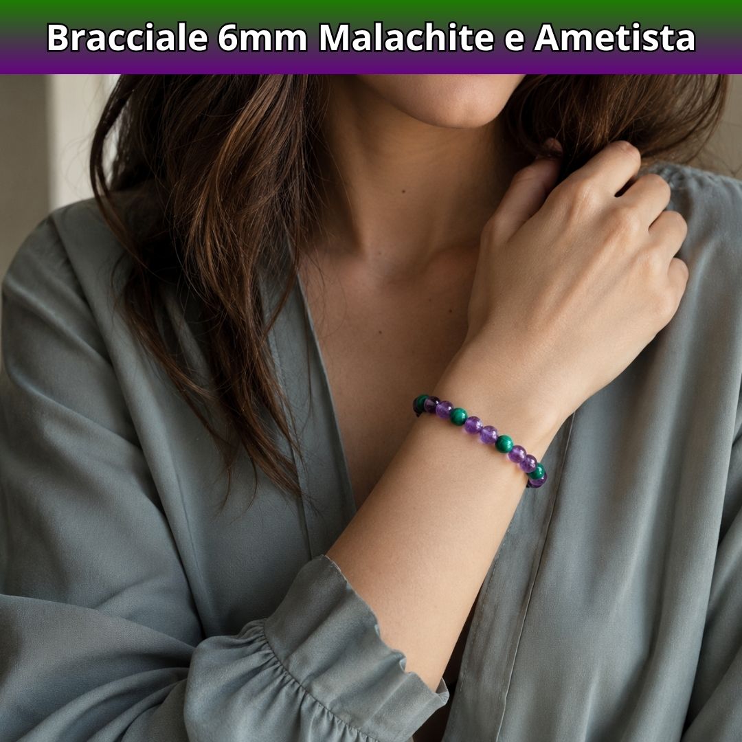 Bracciale in pietra naturale ametista e malachite da 6 mm