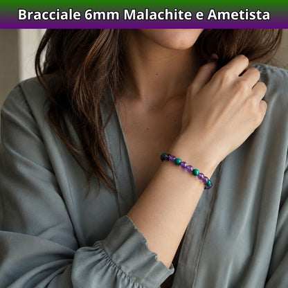 Bracciale in pietra naturale ametista e malachite da 6 mm
