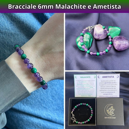 Bracciale in pietra naturale ametista e malachite da 6 mm