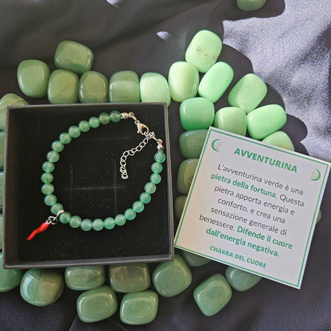 Bracciale Avventurina Verde 6mm e cornetto portafortuna