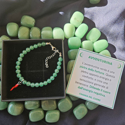 Bracciale Avventurina Verde 6mm e cornetto portafortuna