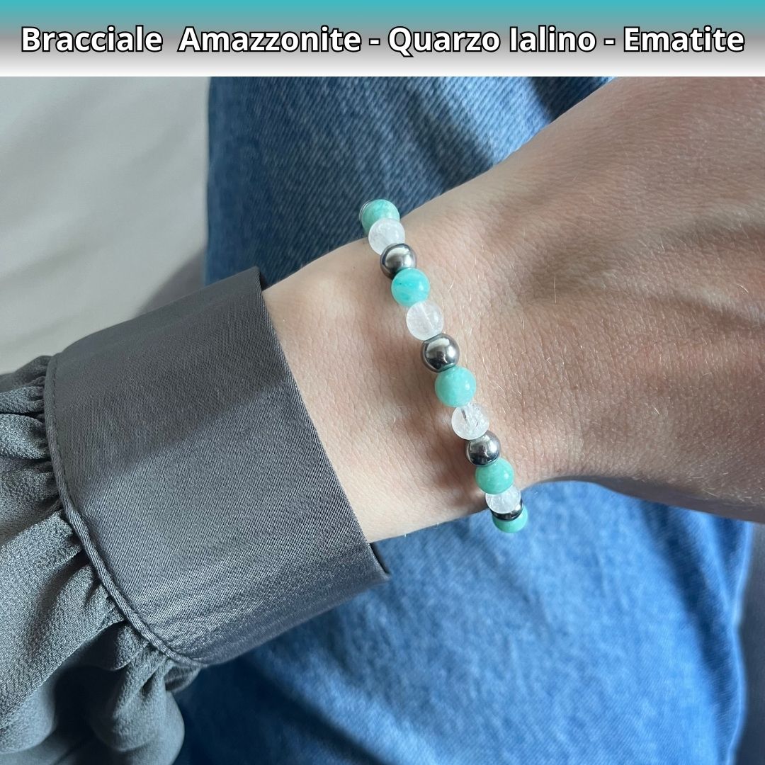 Bracciale Equilibrio Chakra Amazzonite Cristallo di Rocca Ematite 6mm