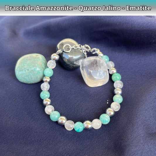 Bracciale Equilibrio Chakra Amazzonite Cristallo di Rocca Ematite 6mm