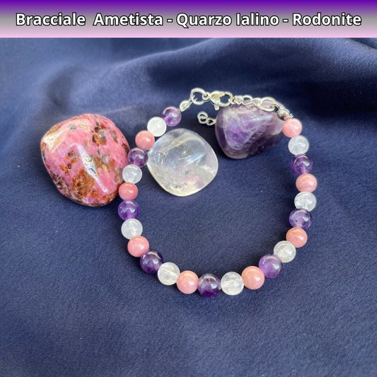 Bracciale Equilibrio Chakra Rodonite Cristallo di Rocca Ametista 6mm