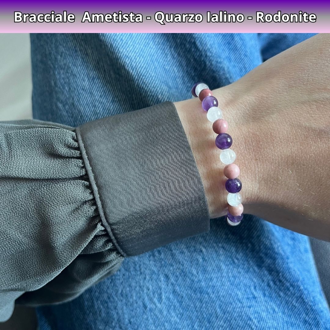 Bracciale Equilibrio Chakra Rodonite Cristallo di Rocca Ametista 6mm