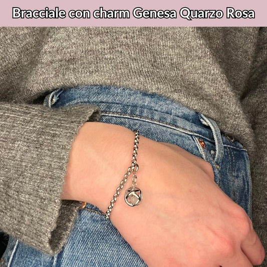 Bracciale Catenina in Acciaio & Charm Genesina Quarzo Rosa
