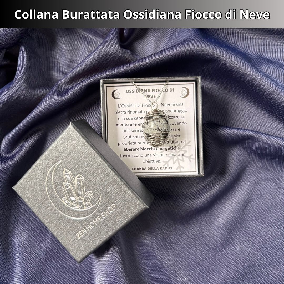 Collana Ossidiana Fiocco di Neve Burattata con Spirale in Acciaio Inossidabile