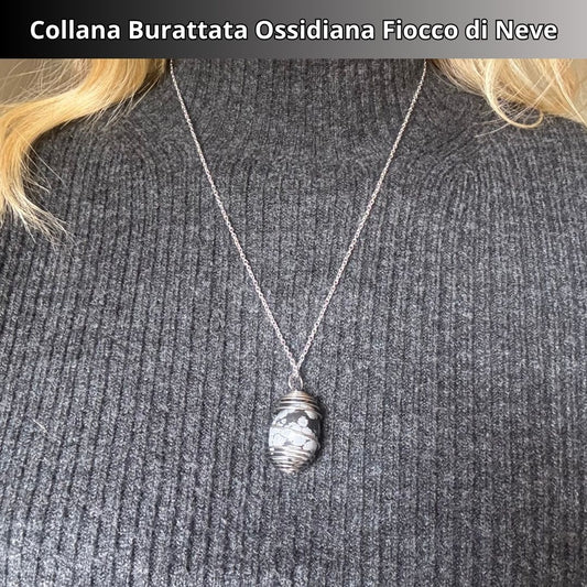 Collana Ossidiana Fiocco di Neve Burattata con Spirale in Acciaio Inossidabile