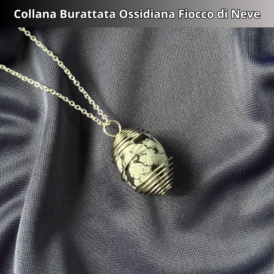 Collana Ossidiana Fiocco di Neve Burattata con Spirale in Acciaio Inossidabile