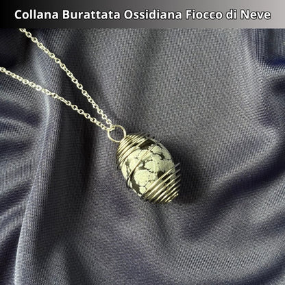 Collana Ossidiana Fiocco di Neve Burattata con Spirale in Acciaio Inossidabile
