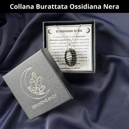 Collana Ossidiana Nera Burattata con Spirale in Acciaio Inossidabile