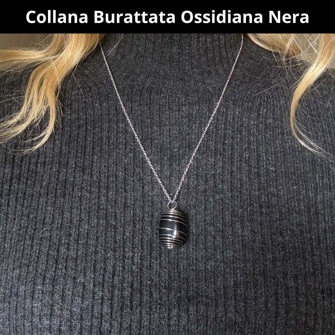 Collana Ossidiana Nera Burattata con Spirale in Acciaio Inossidabile