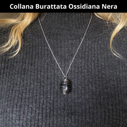 Collana Ossidiana Nera Burattata con Spirale in Acciaio Inossidabile