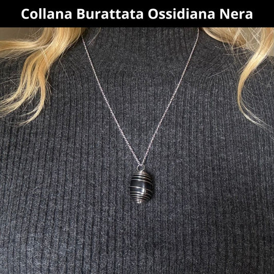 Collana Ossidiana Nera Burattata con Spirale in Acciaio Inossidabile
