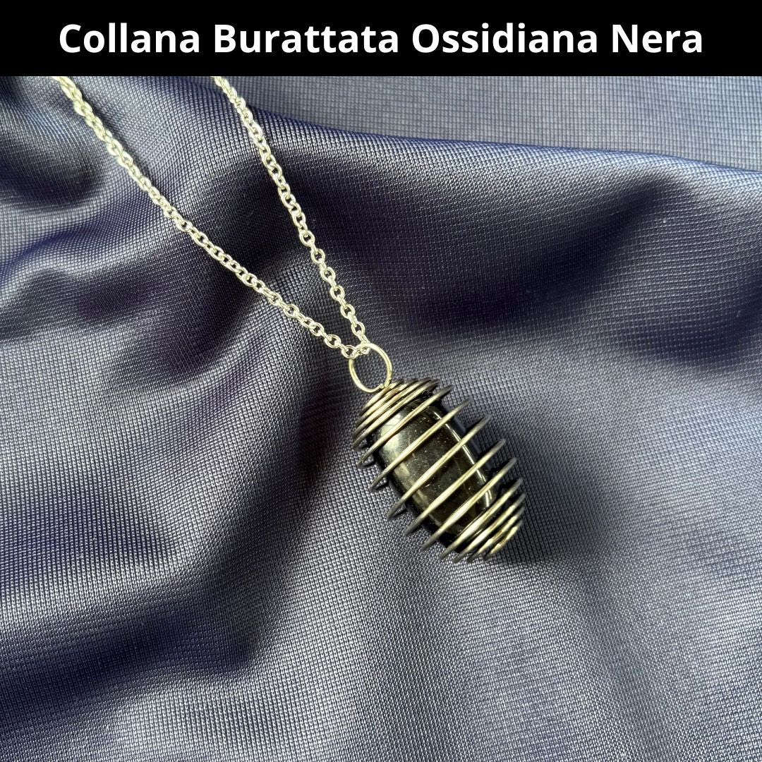 Collana Ossidiana Nera Burattata con Spirale in Acciaio Inossidabile