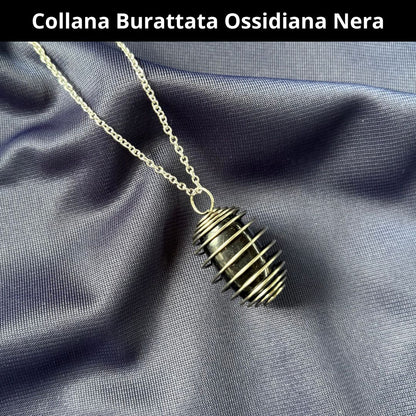 Collana Ossidiana Nera Burattata con Spirale in Acciaio Inossidabile