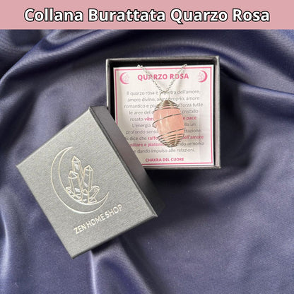 Collana Quarzo Rosa Burattata con Spirale in Acciaio Inossidabile