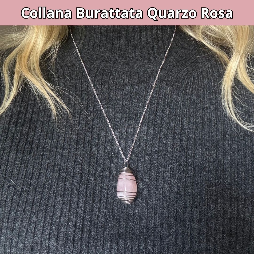 Collana Quarzo Rosa Burattata con Spirale in Acciaio Inossidabile