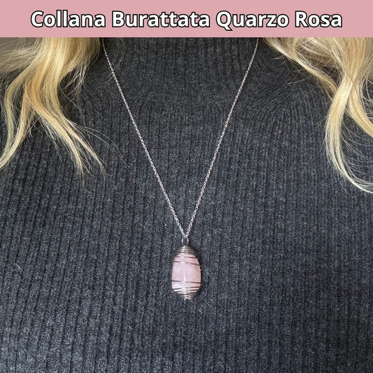 Collana Quarzo Rosa Burattata con Spirale in Acciaio Inossidabile