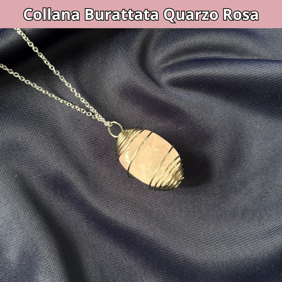 Collana Quarzo Rosa Burattata con Spirale in Acciaio Inossidabile