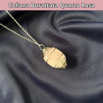Collana Quarzo Rosa Burattata con Spirale in Acciaio Inossidabile