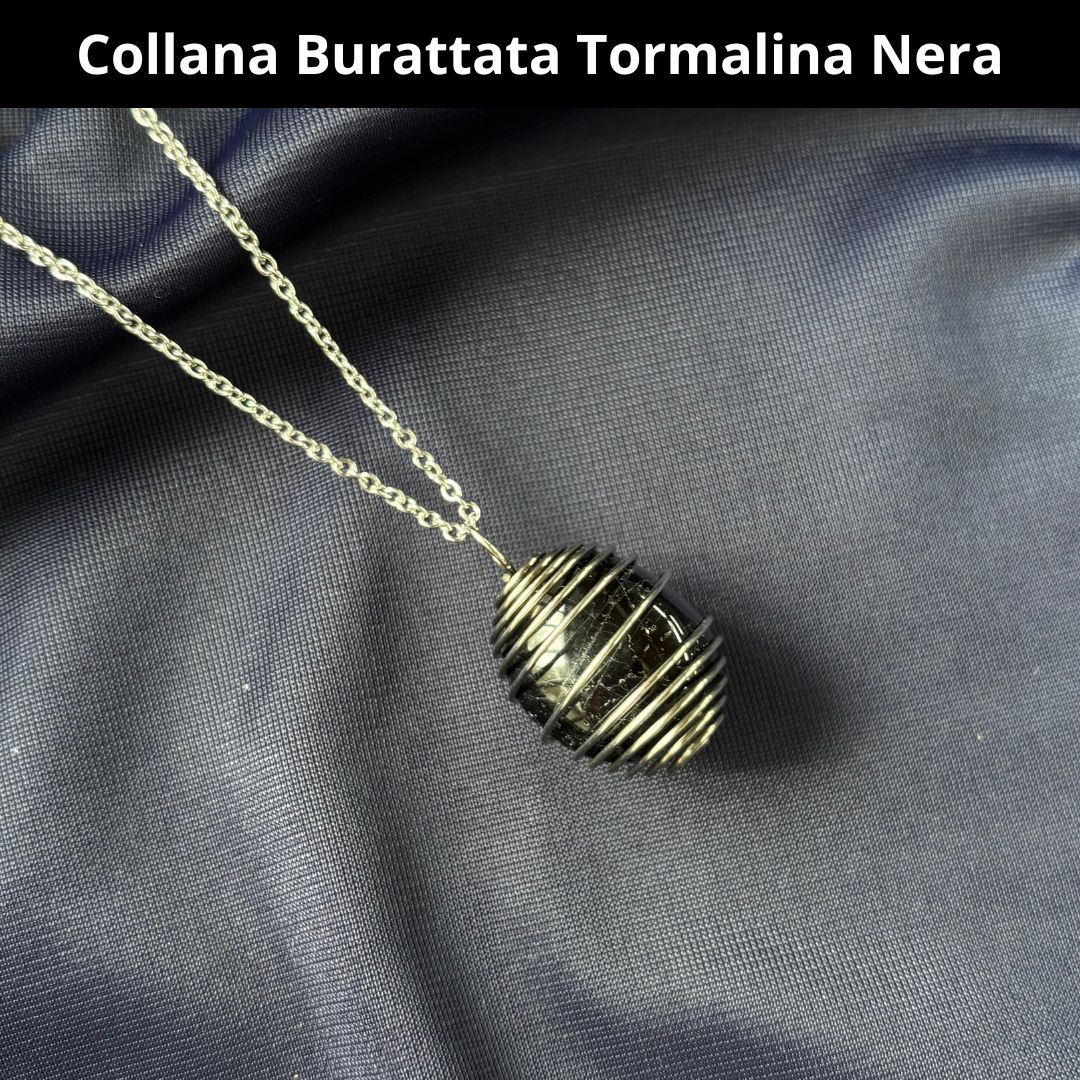 Collana Tormalina Nera Burattata con Spirale in Acciaio Inossidabile