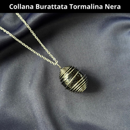 Collana Tormalina Nera Burattata con Spirale in Acciaio Inossidabile
