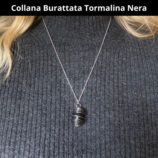 Collana Tormalina Nera Burattata con Spirale in Acciaio Inossidabile