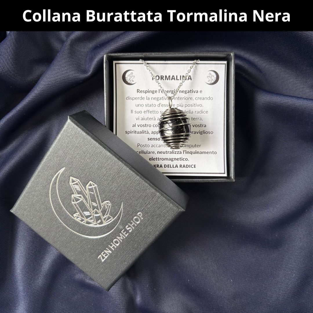 Collana Tormalina Nera Burattata con Spirale in Acciaio Inossidabile
