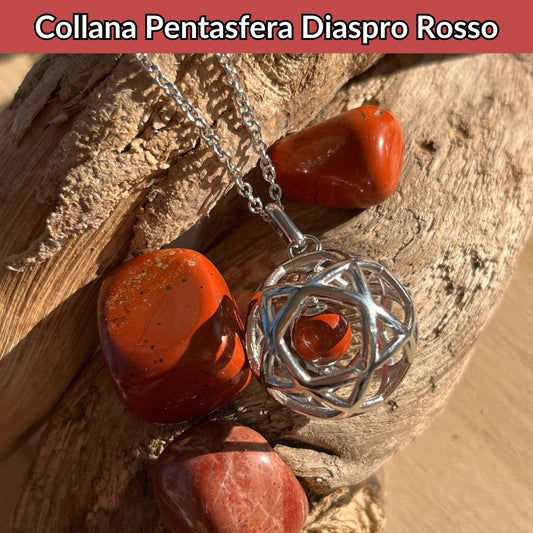 Collana Regolabile Pentasfera Diaspro Rosso (Acciaio Inox)
