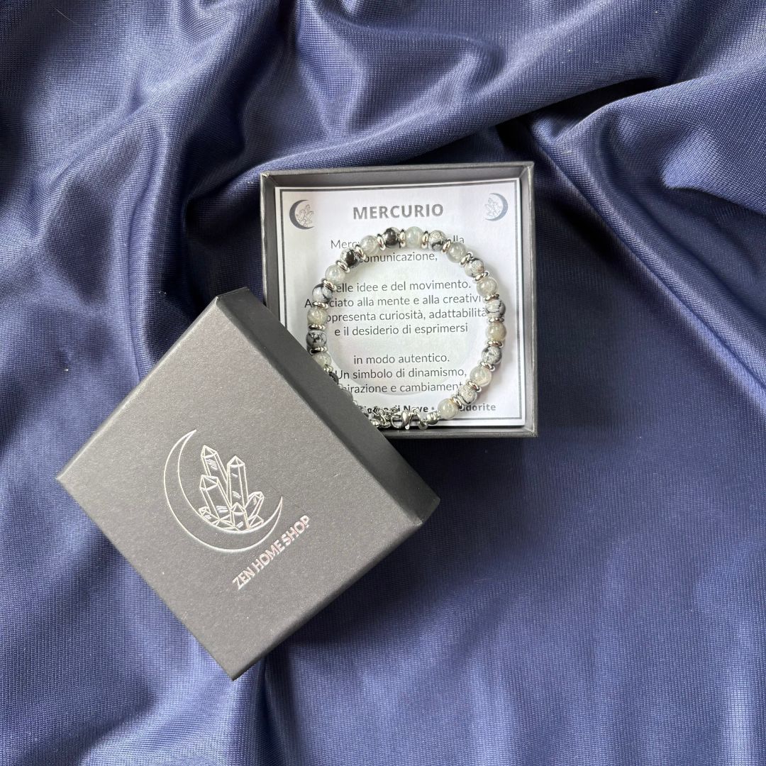 Bracciale Pianeta Mercurio con Ossidiana Fiocco di Neve e Labradorite