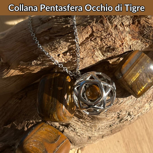 Collana Regolabile Pentasfera Occhio di Tigre (Acciaio Inox)