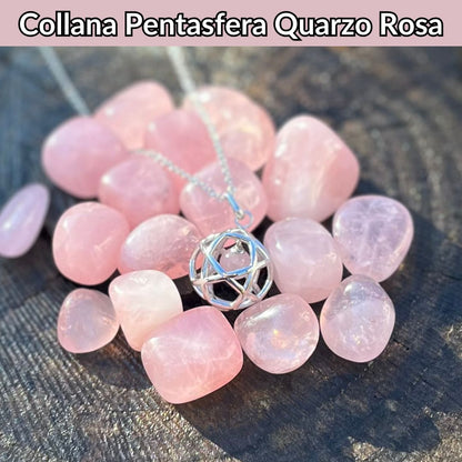 Collana Regolabile Pentasfera Quarzo Rosa (Acciaio Inox)